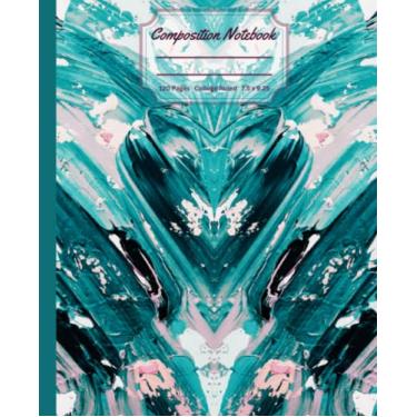 Imagem de Caderno de composição: Diário de estética bonito pautado pela faculdade com um design abstrato de capa de coração rosa e azul-petróleo para meninas, adolescentes e mulheres