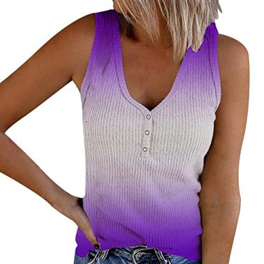 Imagem de Regatas femininas de malha canelada camiseta floral sem mangas gola V camiseta casual verão roupas abotoadas camiseta colete, Roxo 3, M