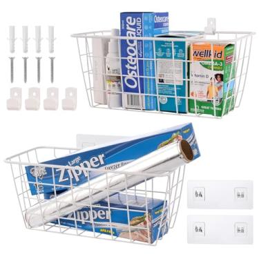 Imagem de Cesta de parede com 2 unidades, organizador adesivo de parede para despensa, cozinha, trailer, armário de banheiro, organização de armazenamento (branco)