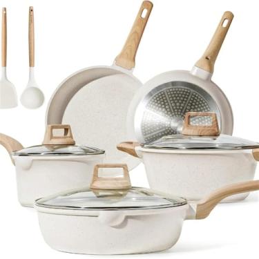 Imagem de Conjunto de panelas e frigideiras antiaderentes, conjuntos de utensílios de cozinha de indução de granito branco, conjunto de cozinha antiaderente de 11 peças com frigideiras, branco, um