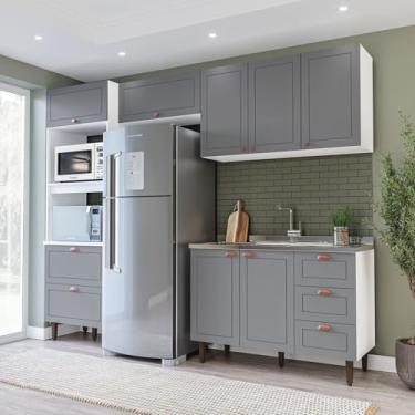 Imagem de Cozinha Pérola Completa 4 Peças Torre Quente Basculante Aéreo 3 Portas e Balcão 2 Gavetas 3 Portas Branco/Cinza