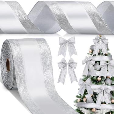 Imagem de Craftsatin Fita de Natal com glitter com fio de 10 cm de largura com borda com fio fitas de tecido para decoração laços de embrulho de presente guirlanda de árvore de Natal artesanato DIY (prata, 20