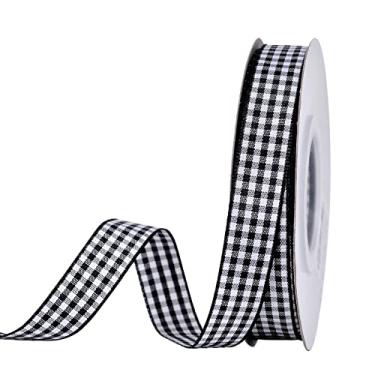 Imagem de YAMA Fita guingão de 1,5 cm (5/20.3 cm), fita de artesanato de piquenique de 25 metros, fitas pretas e brancas para embrulho de presente de casamento e decorações de artesanato