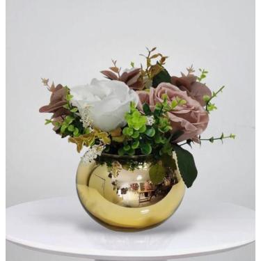 Imagem de Arranjo de flores rosas artificiais no vaso ouro espelhado - La Caza S