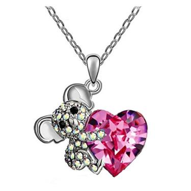 Imagem de DianaL Boutique Adorável colar com pingente de coração de urso coala em 3D em corrente de aço inoxidável de 45,72 cm caixa de presente de cristal rosa joias modernas, Cristal