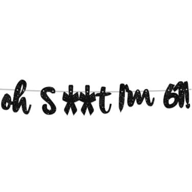Imagem de Oh I'm 61! Banner Backdrop Glitter Black Hallo Sixty One Cheers to 61 Years Old Theme Decor for Man Woman Happy 61st Birthday Party Photo Studio Prop Kit Bandeiras Decorações Favores Suprimentos