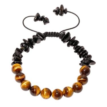 Imagem de Wizock Pulseiras espirituais de olho de tigre amarelo/lascas de turmalina preta com contas de proteção de energia positiva para mulheres e homens, presentes de boa sorte, Medium, Pedra, Turmalina