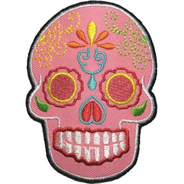 Imagem de Papapatch Tatuagem Mexicana de Caveira de Açúcar Cabeça Morta Motociclista DIY Bordado Aplique Costurado em Ferro no Patch - Rosa (MEXI-02-Rosa)
