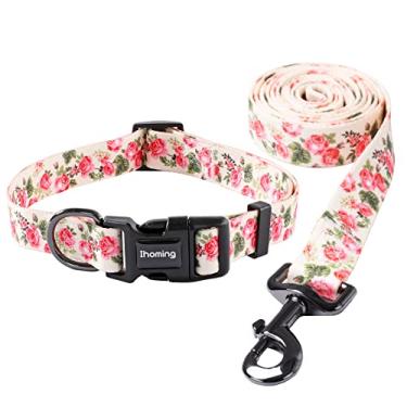 Imagem de Ihoming Conjunto de coleira e guia para cães para caminhadas diárias ao ar livre, treinamento de corrida, design de flores rosa para meninos e meninas, cães e gatos, P-Até 9 kg