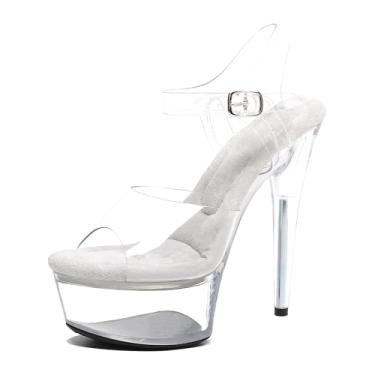 Imagem de WUXIN H&P Sandália feminina de salto alto transparente plataforma de 15 cm com tira no tornozelo sexy stiletto Pole Dance, Transparente., 37