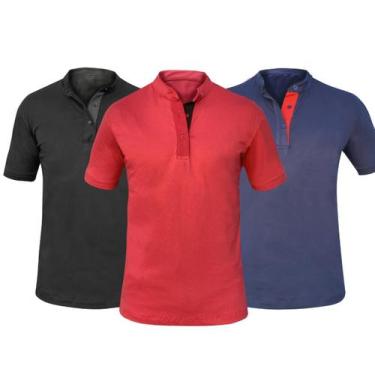 Imagem de Kit 3 Camisas Gola Padre Masculina Slim - MT Clothing, P, Preto, Azul,