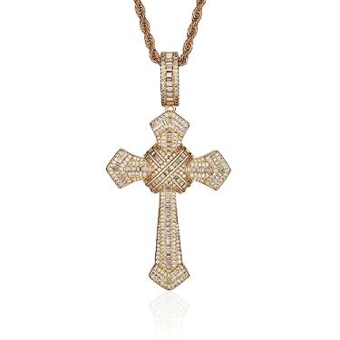Imagem de LuxeFlex Colar de cruz de Jesus com diamante gótico gelado com corrente de corda de aço inoxidável de 61 cm, pingente banhado a ouro 14 quilates, joias de cruz religiosa, joias underground hip-hop para homens e mulheres, 1.81in(L)*1.38in(W), Banhado a ouro, Zircônia cúbica