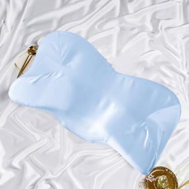 Imagem de Eychei Fronha de cetim para travesseiro cervical, fronha cervical sedosa azul bebê com zíper, fronha ergonômica suave para capa de travesseiro de pescoço