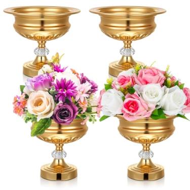 Imagem de Ninehaoou 2 peças de vasos de cristal dourado para centros de mesa, tigela de compota de metal dourado para casamento, elegante, para casamento, tigela de compota, vaso de trompete decorativo para