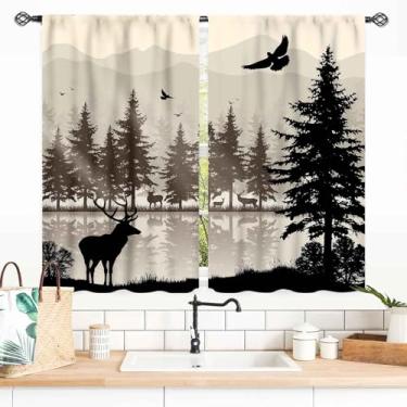 Imagem de Cortinas de veado para casa de fazenda, retrô rústica floresta lago pinheiro, silhueta campestre cabana chalé vintage blackout para janela, tratamentos para cozinha, quarto, sala de estar, conjunto de
