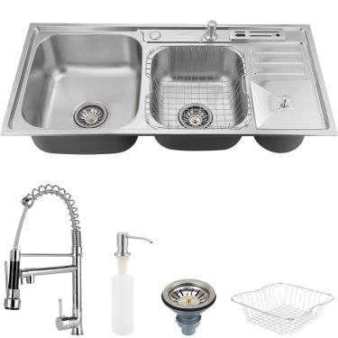 Imagem de Cuba para cozinha pia dupla em aço inox com acessórios com lixeira Caiapós e Torneira Gourmet Munim pingoo.casa