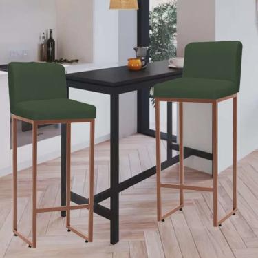 Imagem de Kit 02 Banqueta Alta Com Encosto Lucca -60cm chão até o assento Industrial Ferro Bronze Suede Verde Musgo - Ahz Móveis