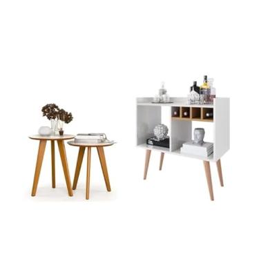 Imagem de Aparador Buffet Bar com Adega Rubi + Conjunto de Mesas Apoio e Lateral Maju New (Off White Freijo)