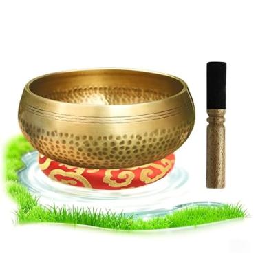 Imagem de Conjunto autêntico de tigela tibetana martelada à mão do Nepal - tigela de som de meditação para ioga, equilíbrio de chacras e cura sonora, inclui martelo de madeira e almofada de seda (8 cm)
