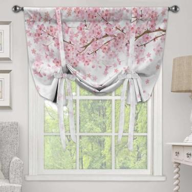 Imagem de Cortina de sombra ajustável de flor de cerejeira rosa primavera florescendo japonesa flor de cerejeira estilo asiático para cozinha, banheiro, lavanderia, janelas pequenas com bolso para varão