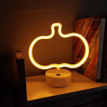 Imagem de LINJIA Sinal de luz neon de gato rosa, placa neon de LED com suporte para luminárias de mesa, bateria/luzes neon USB para decoração de mesa de festa e quarto (amarelo abóbora)