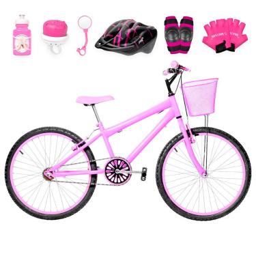 Imagem de Bicicleta Aro 24 Alumínio Colorido + Kit Proteção Cor Rosa
