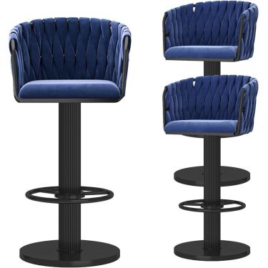 Imagem de Bancos de barra giratória Conjunto de 2, cadeiras de jantar estofadas de veludo com traseiras tecidas, bancos modernos da ilha da cozinha com apoio de pé, altura ajustável 65-80cm, branca, a