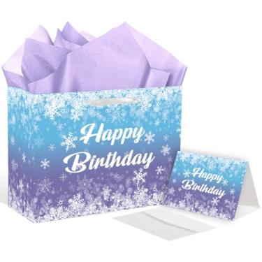 Imagem de ONANNA Saco de presente de aniversário Frozen com papel de seda e cartão de felicitações, floco de neve, saco de papel de embrulho para meninas, festa de aniversário congelada, decoração temática de