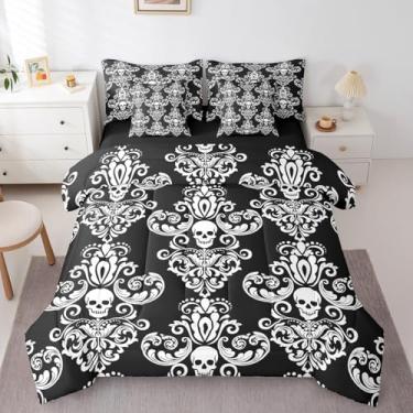 Imagem de Conjunto de edredom de 7 peças, solteiro, damasco, estilo paisley, exótico, boêmio, para meninos e homens, esqueleto de caveira de Halloween (edredom + lençol de cima + 2 fronhas + 2 fronhas de