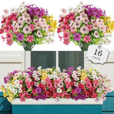 Imagem de AGIRL 16 pacotes de flores artificiais para uso ao ar livre, flores falsas de plástico que não desbotam, plantas falsas para pendurar plantadores, decoração interna, externa, jardim, varanda, janela