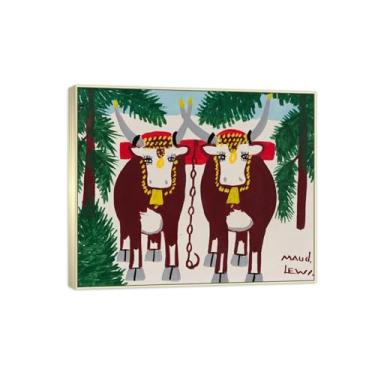 Imagem de Maud Lewis Famosa Pintura-Impressões em Tela Reprodução-Quadro Sala de Estar(Oxen in Winter) 40x50cm-16x19in Moldura de Prata