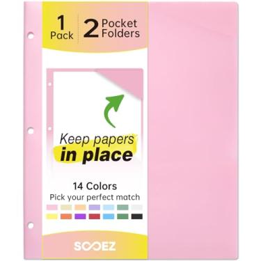 Imagem de Sooez Pastas de 2 bolsos, pastas de plástico com bolsos perfurados com 3 furos, 1 pacote de pastas para fichário de 3 anéis com etiquetas, pasta de fichário resistente para documentos, pasta de