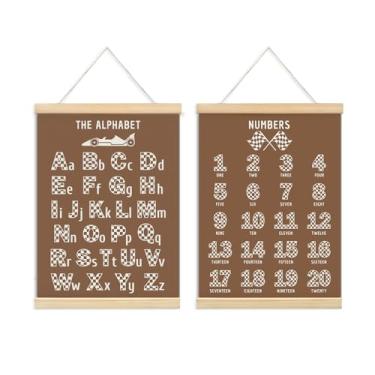 Imagem de ULEGIE Pôster de parede de carro de corrida alfabeto para meninos, pôsteres educativos para pré-escolares, impressões de arte para sala de jogos infantis, pôster de carro de corrida, conjunto de 2