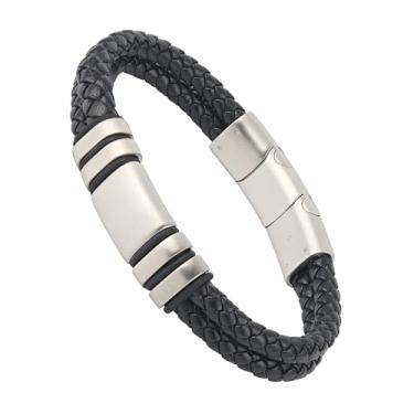 Imagem de Forge & Foundry Pulseira masculina de couro preto ajustável | Couro genuíno com fecho de pressão de aço inoxidável | Design Led, Joias artesanais de Londres | Fio duplo, fecho de prata escovado