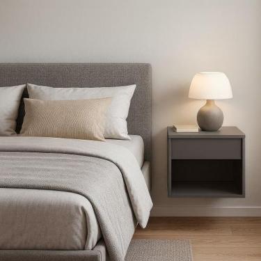 Imagem de mesa de cabeceira suspensa de parede com nicho e gaveta - Loncie, Cinz