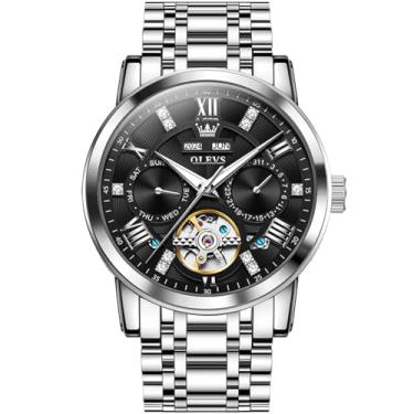 Imagem de OLEVS Relógio masculino de luxo automático mecânico azul/preto/branco/cinza com diamantes turbilhão à prova d'água relógio de pulso executivo, marrom e preto
