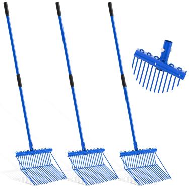 Imagem de Lasnten 3 conjuntos de garfo de estrume de metal com cabo de metal longo, garfo de estrume, ancinho de estrume, ancinho resistente para jardinagem, cavalo, estábulo, limpeza de feno de grama, trabalho