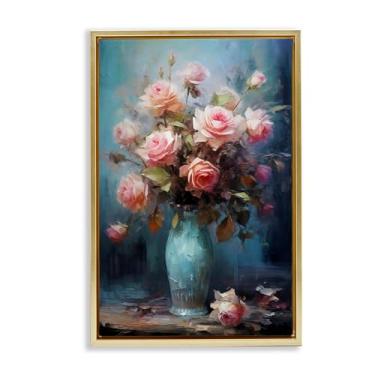Imagem de Stupell Industries Vaso azul com rosas rosas douradas moldura flutuante design de arte de parede por LSR Creative Studio, 78 x 53