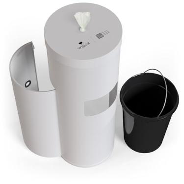 Imagem de Wipex Dispensador de lenços umedecidos branco com lixeira: aço durável e porta de silicone premium, suporte de chão para lenços de ginástica - serve para rolos de recarga higienizante, perfeito para