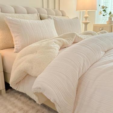 Imagem de tohrisa Conjunto de edredom Queen de lã de ovelha listrada 3D, estampa geométrica, boêmio, 3 peças, quente, aconchegante e felpudo, com 2 fronhas (224 x 234 cm, branco marfim)