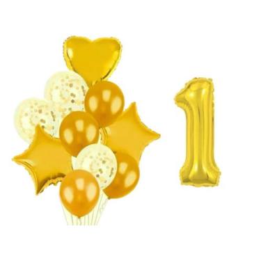 Imagem de Buque 10 Balões Coração Estrela -1 Número Metalizado Dourado - Partiuf