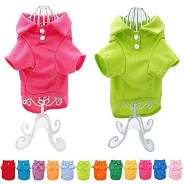 Imagem de Pacote com 2 cores camisa polo cachorro fofo filhote gato camiseta roupas para pequenos animais de estimação (XS: comprimento - 25,4 cm, rosa quente e verde limão)