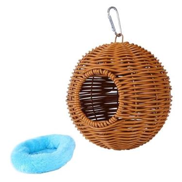 Imagem de KiBcsLic de pássaro de vime artificial pendurado com almofada, cabana, abrigo, cama, rede, casa de tecida à mão para flores, tordos, wrens, Furo Único Azul