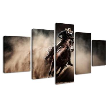 Imagem de DJSYLIFE Arte de parede de cowboy ocidental - 5 peças montando cavalos impressões em tela decoração rústica para quarto masculino pôster de cavalo moderno sala de estar escritório decorações de quarto