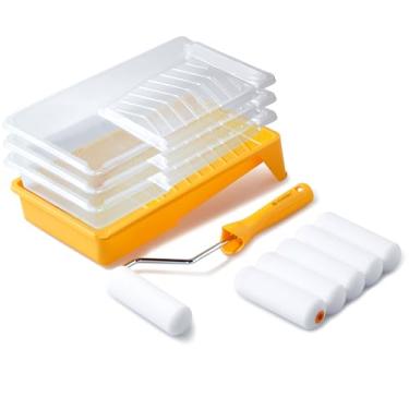Imagem de Voomey Kit de rolo de pintura de 10 cm, kit de mini rolo de pintura de 10 cm com pequenas capas de rolo de tinta de espuma, forros de plástico descartáveis e moldura de rolo, para decoração de casa