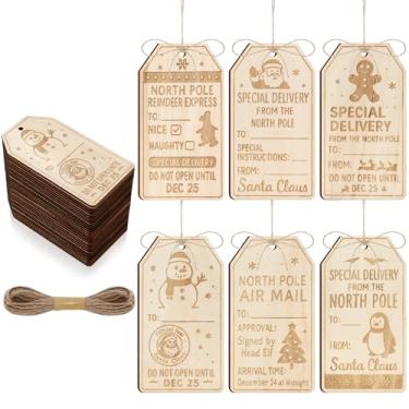 Imagem de Threehoney 48 etiquetas de presente de madeira de Natal 6 x 10 cm etiquetas felizes simples equipadas com corda de juta amarela de 90 cm, adequadas para embalagem e decoração de festa de Natal e