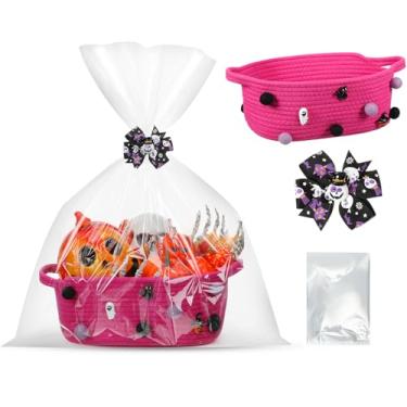 Imagem de Teenyyou Cesta vazia para presentes de Halloween, 30,5 x 20,3 x 12,7 cm, com bolsa de embrulho de presente e clipe de laço para decorações de embrulho de festa de Halloween (vermelho ameixa)