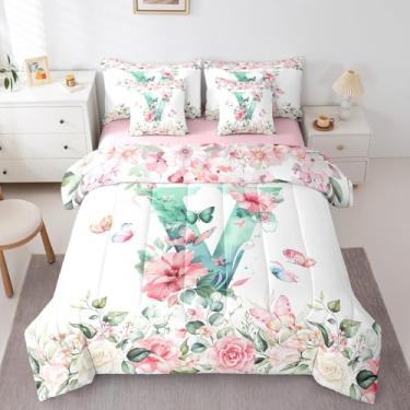 Imagem de Erosebridal Jogo de cama em uma bolsa com letra V, letra V, letra V, para crianças, meninos, meninas, verde, conjunto de lençol com edredom solteiro, 7 peças, flores rosa e plantas de jardim