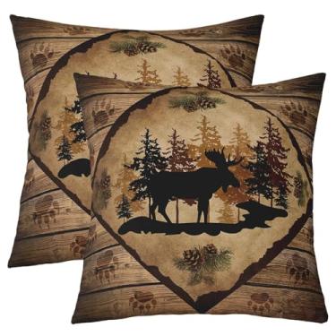 Imagem de Capas de almofada de cabana de alce retrô marrom com listras de madeira para crianças, adolescentes e adultos, pinhas e árvores animais selvagens com estampa de pata para trailer, inauguração de casa