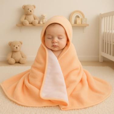 Imagem de Toalha Capuz Bebê Menino e Menina 100% Algodão Forrada Com Fralda Colorida Macia e Confortável (Laranja)